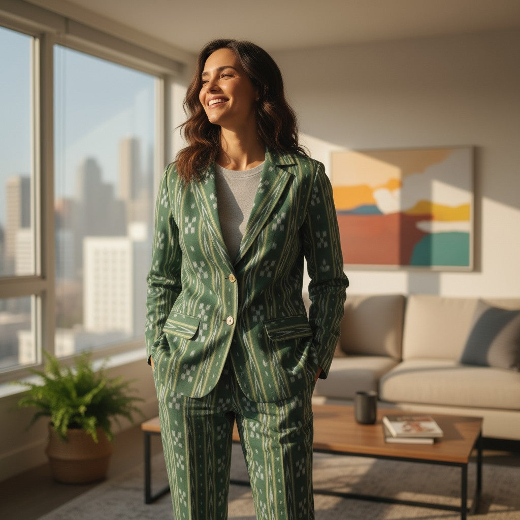 Handloom Green Ikkat Blazer Suit