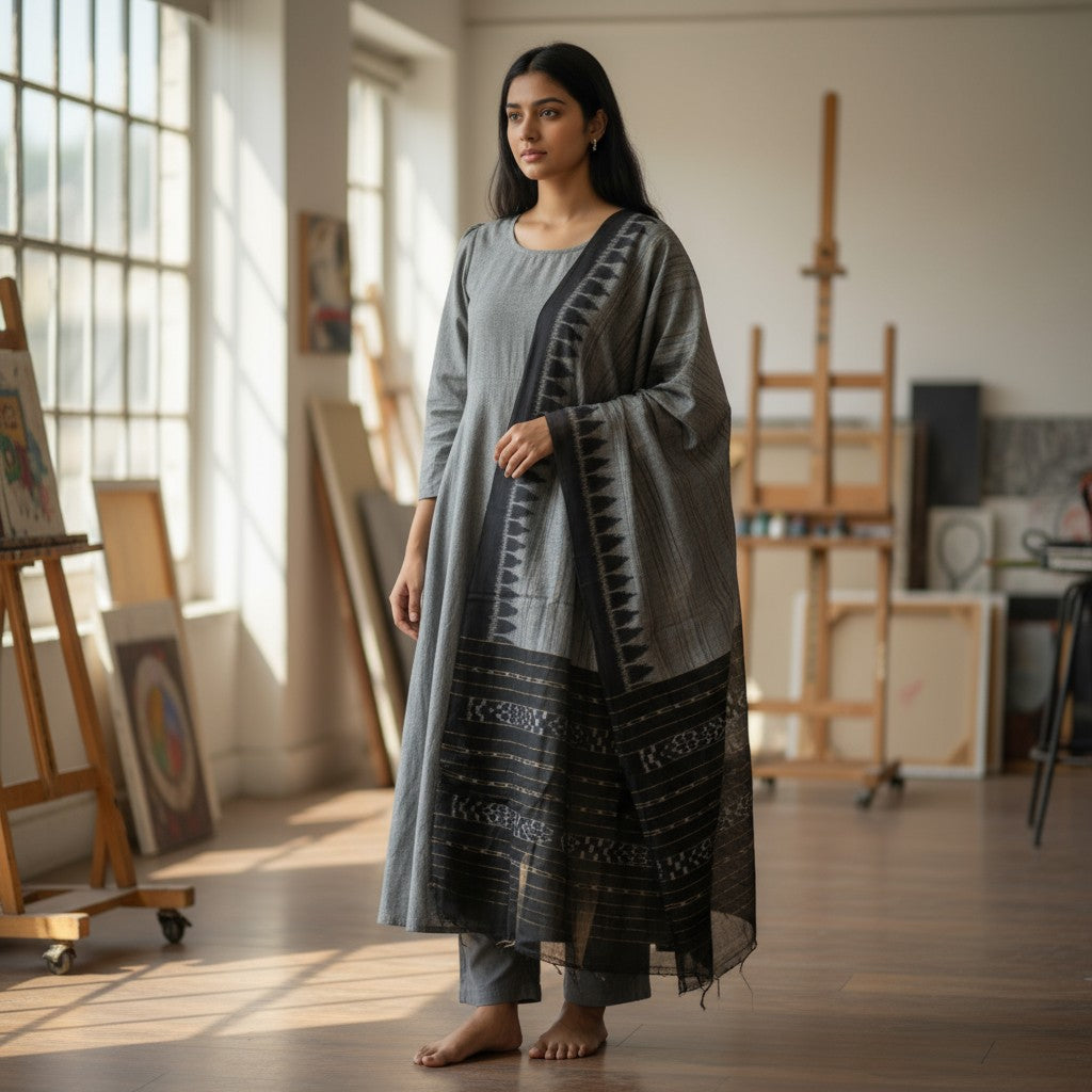 Handloom Designer Grey Kurta ,Pant nd  Dupatta Set