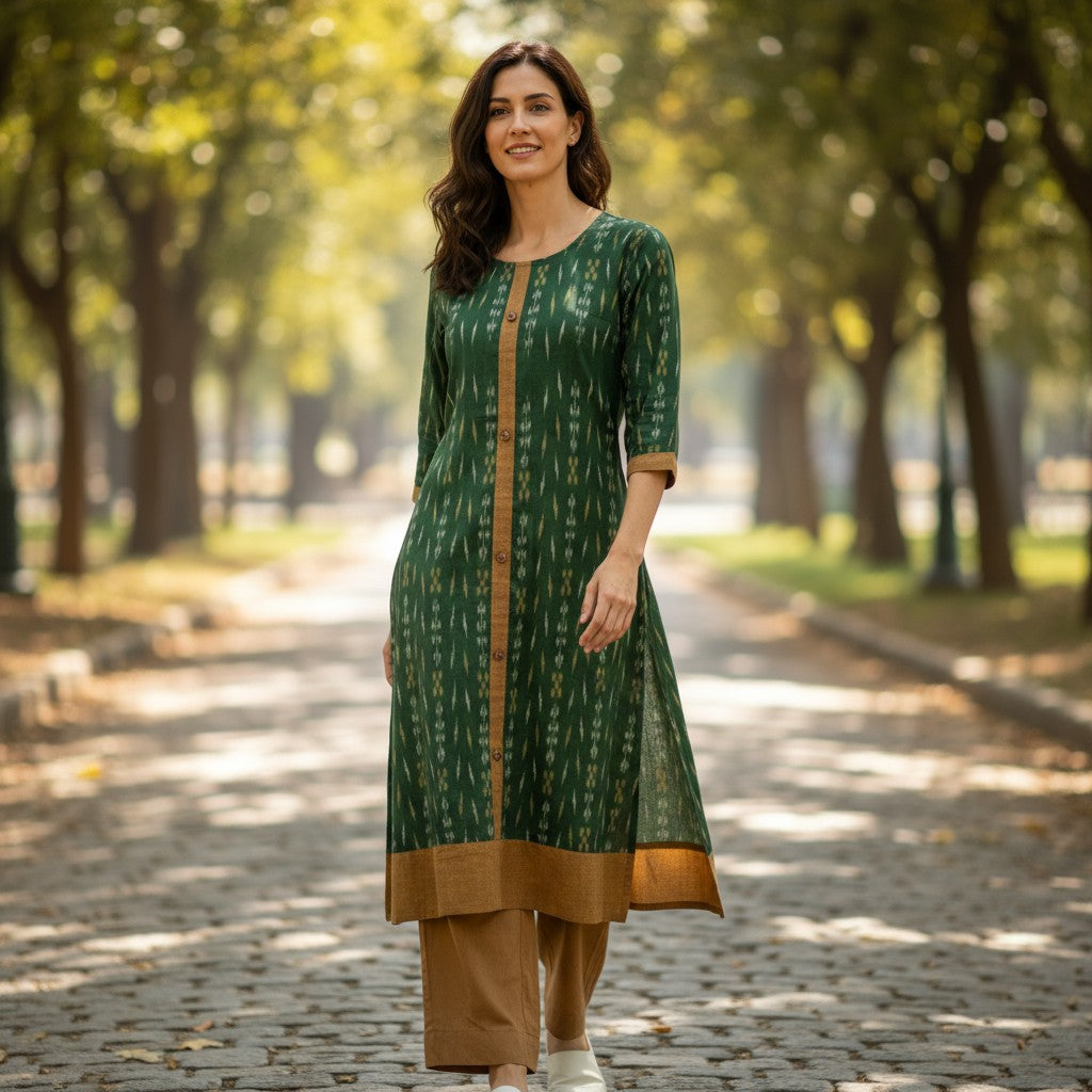 Handloom Cotton Stylish Green Kurta Set
