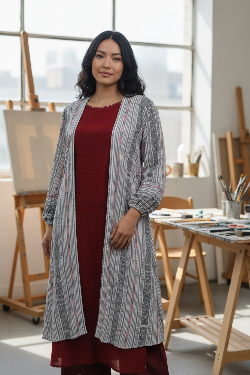 Handloom Designer White & Marron Shrug Set