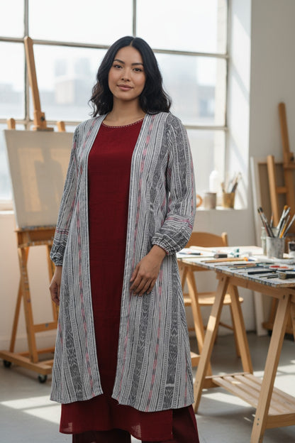 Handloom Designer White & Marron Shrug Set