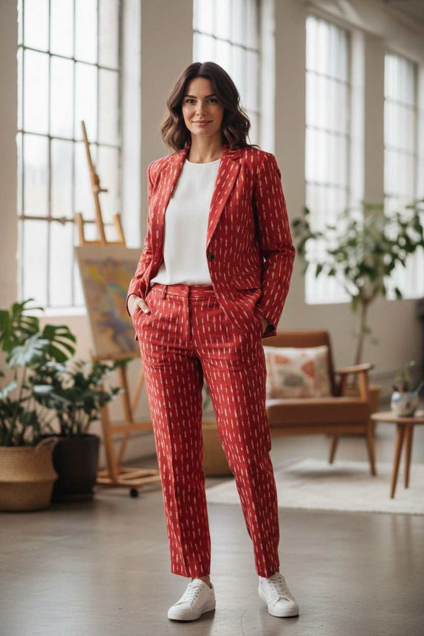 Handloom Red Blazer & Pant ,Top Suit