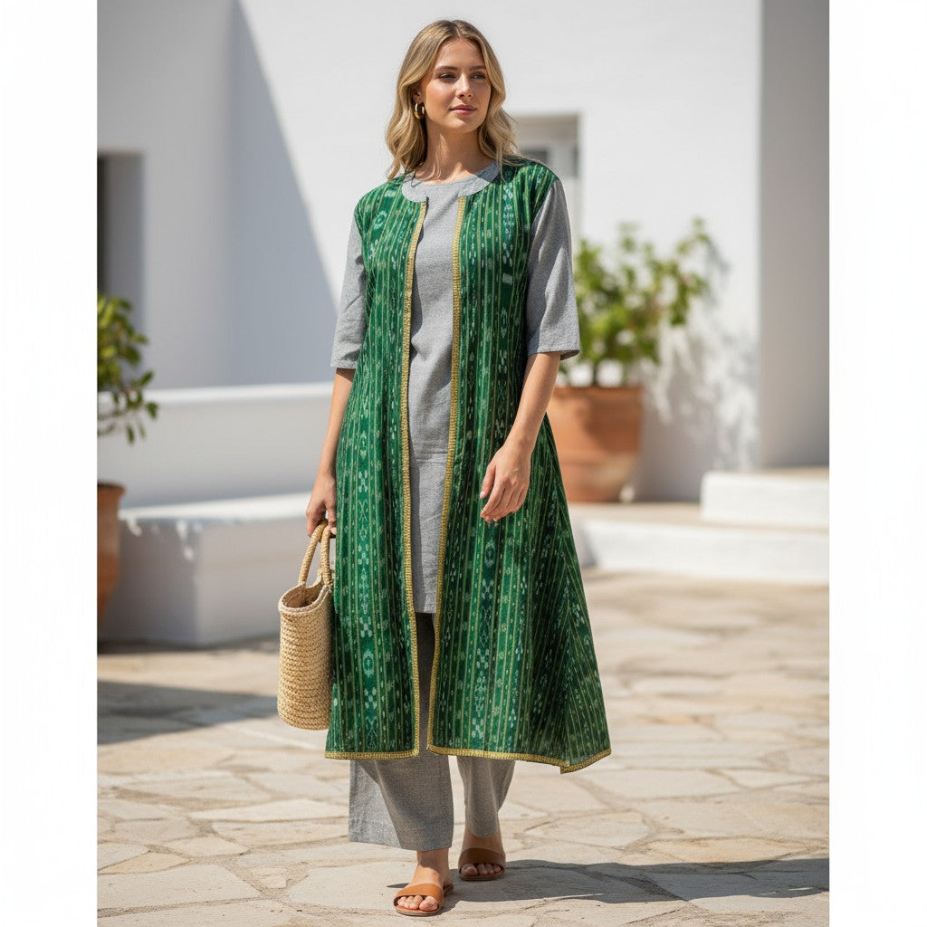 Cotton Green & Grey Shrug Set