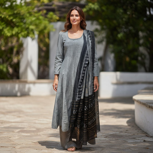 Handloom Designer Grey Kurta ,Pant nd  Dupatta Set