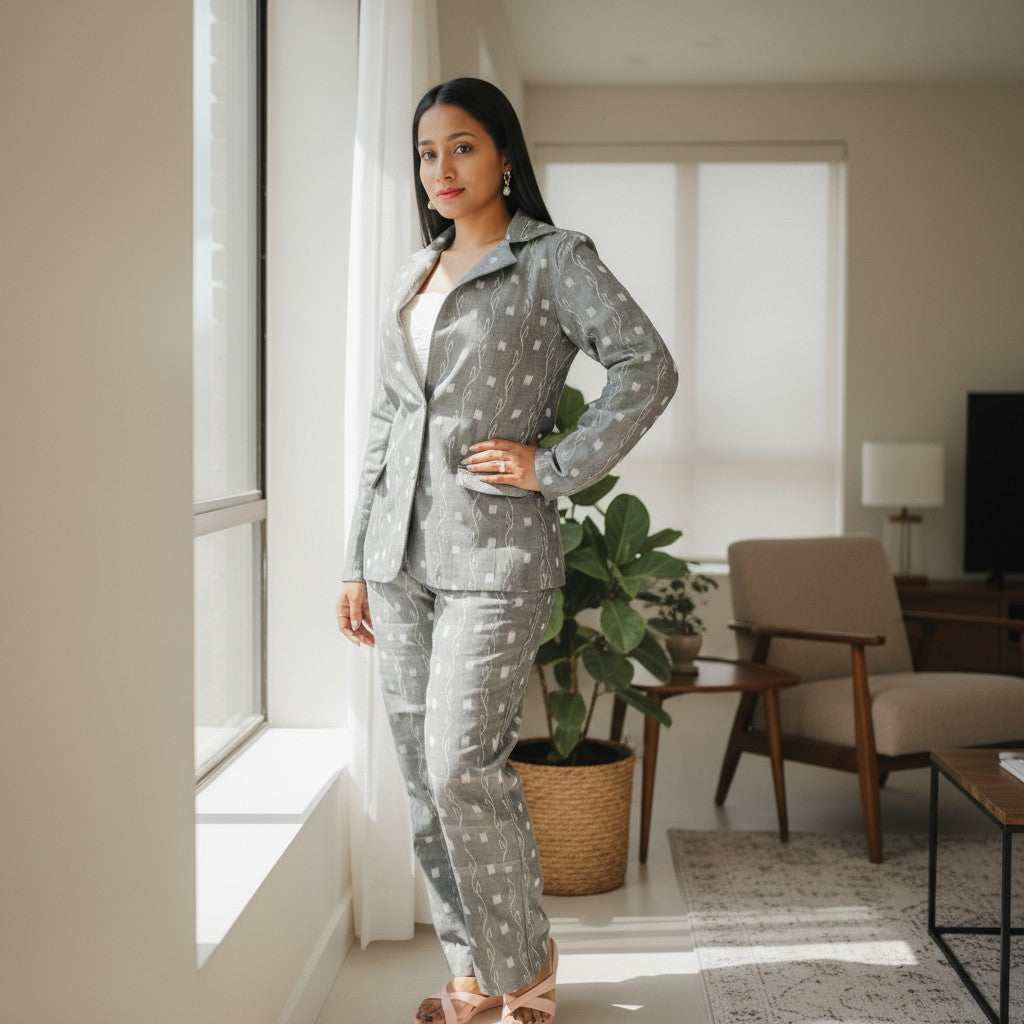 Cotton Women Silver Blazer Suit
