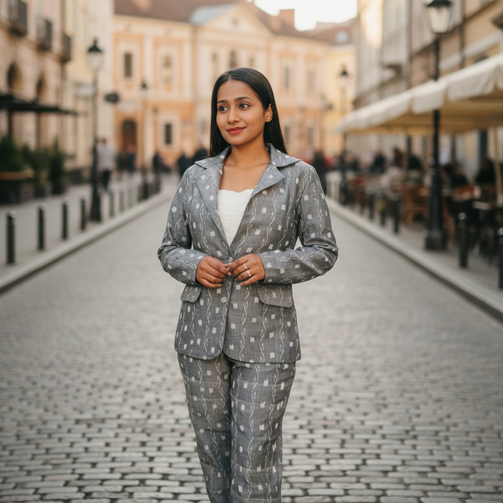 Cotton Women Silver Blazer Suit