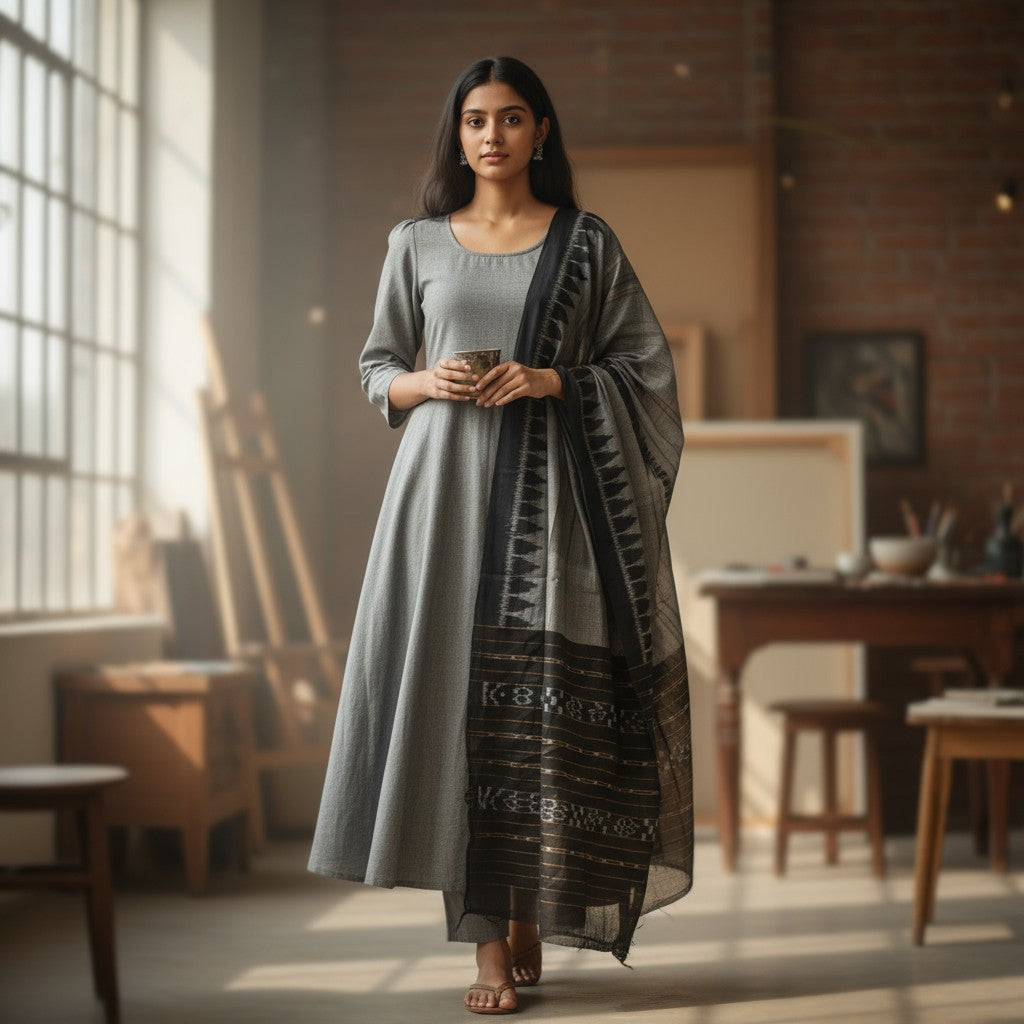 Handloom Designer Grey Kurta ,Pant nd  Dupatta Set