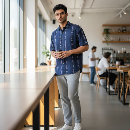Handloom Mens Blue Half Shirt