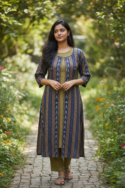 Handloom Blue Shrug Kurta & Pant Set