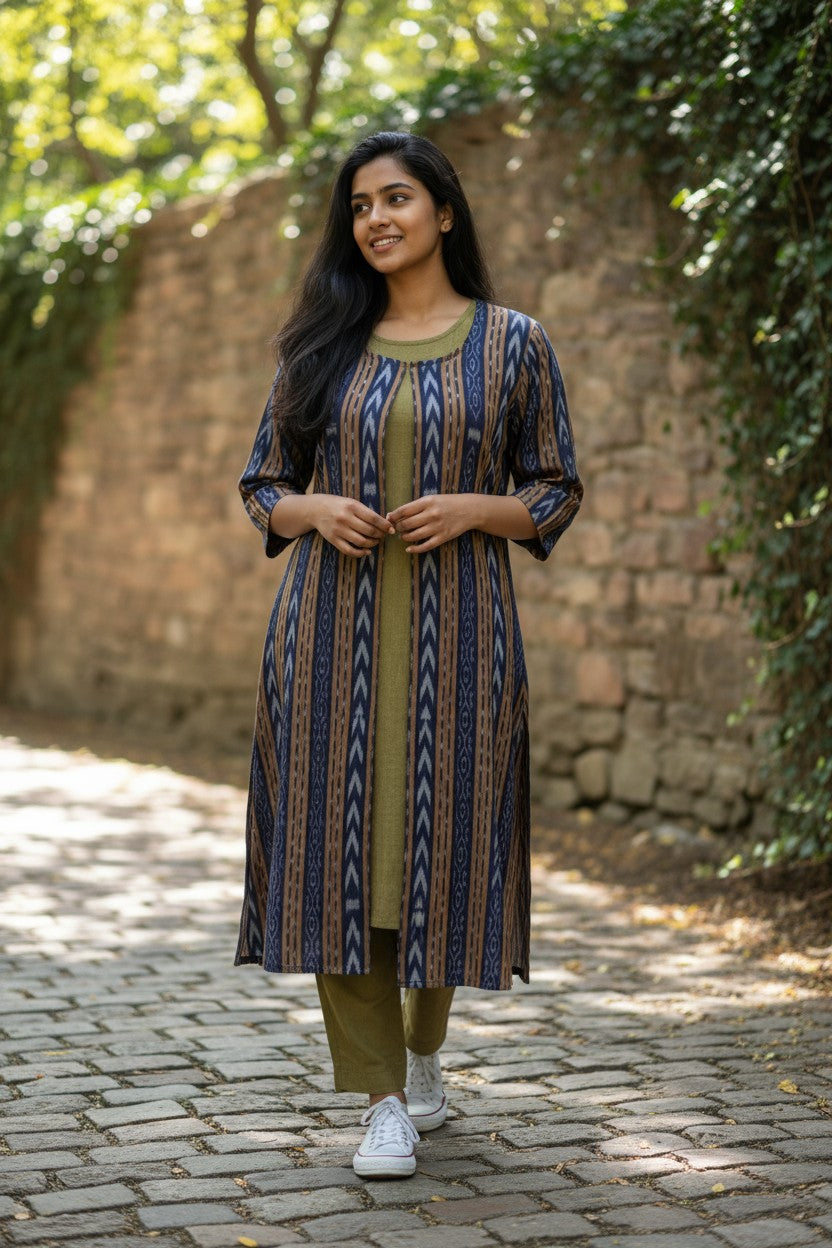 Handloom Blue Shrug Kurta & Pant Set