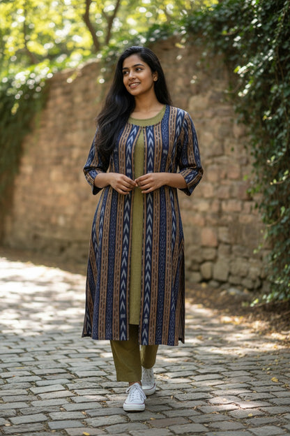 Handloom Blue Shrug Kurta & Pant Set