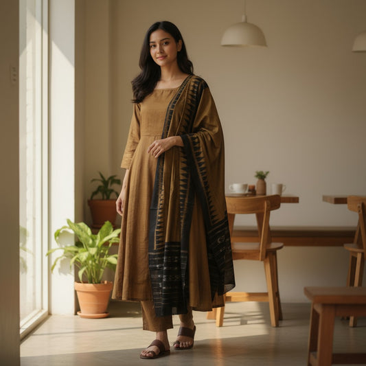 Handloom Designer Mustard Kurta ,Pant nd  Dupatta Set