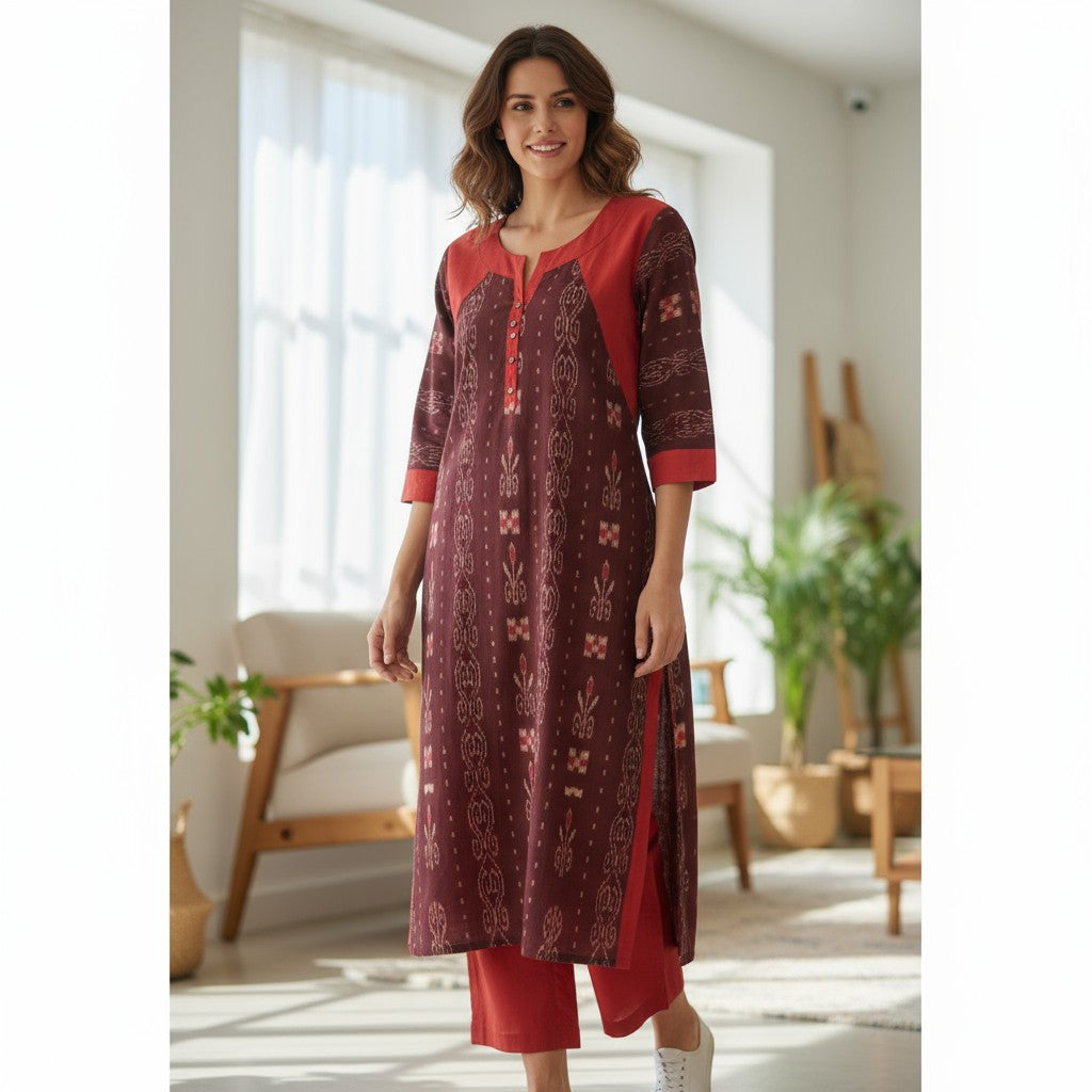 Cotton Maroon Kurta  & Pant Set