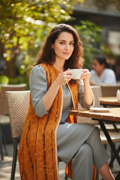 Women Cotton Yellow & Grey Shrug Set