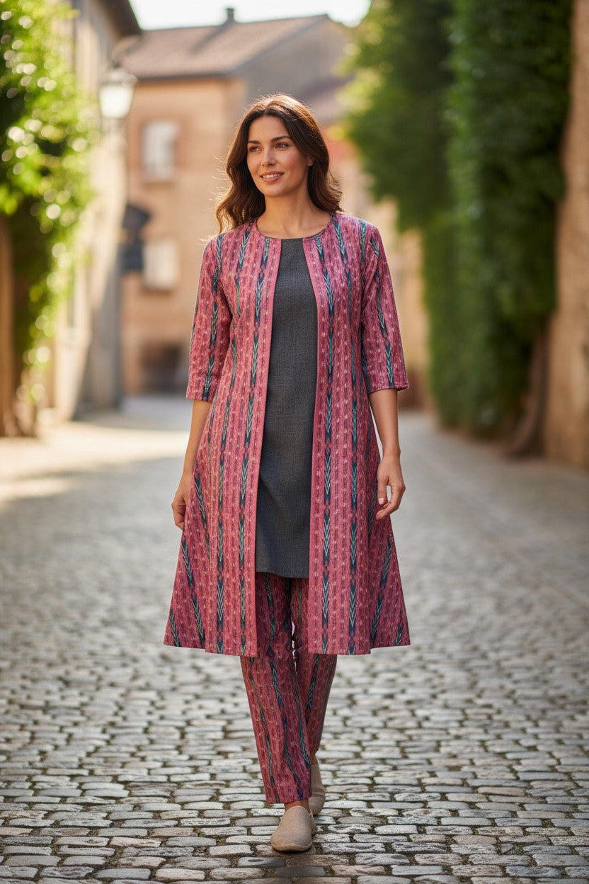 Women Cotton Pink Shrug Kurta & Pant Set