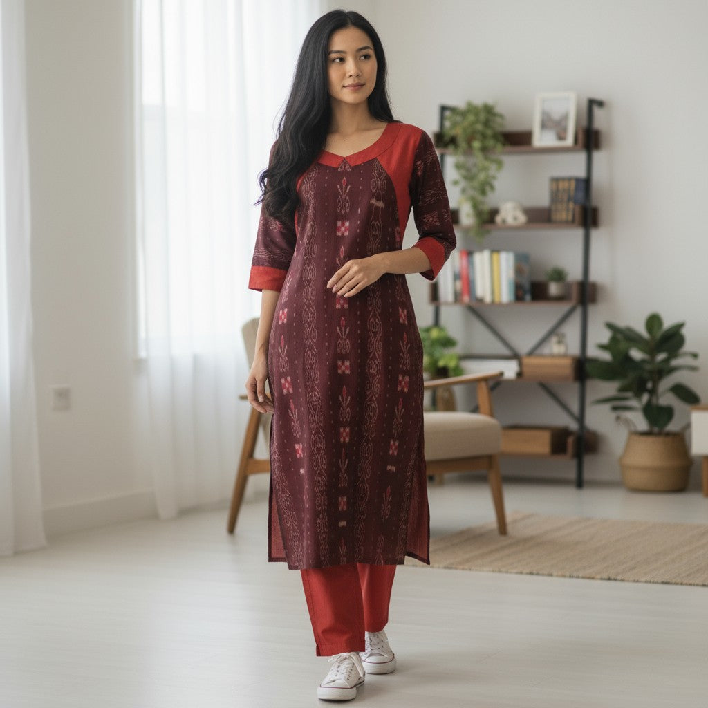 Cotton Maroon Kurta  & Pant Set