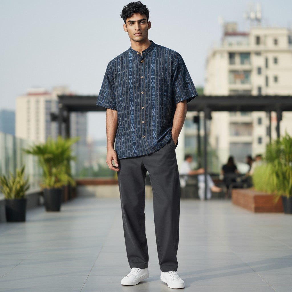 Handloom Mens Green Half Shirt