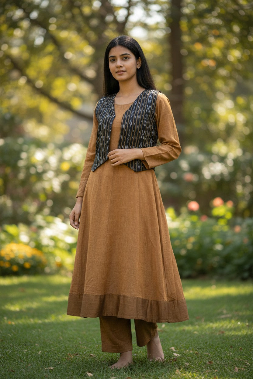 Handloom Mustard Anarkali Set with Black Jacket