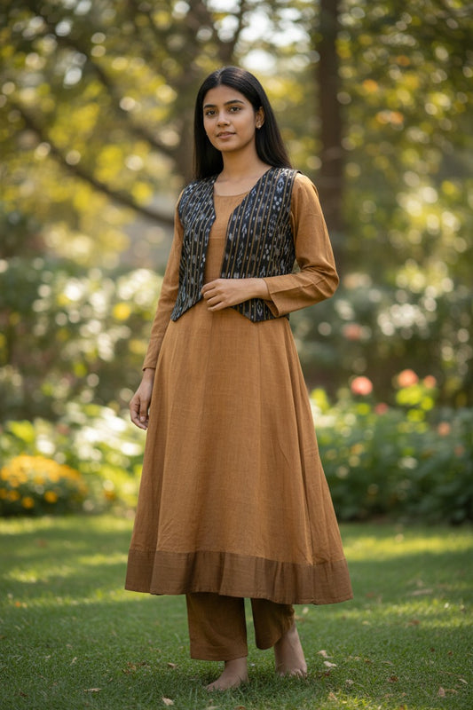 Handloom Mustard Anarkali Set with Black Jacket