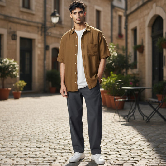 Handloom Mens Mustard Plain Half Shirt