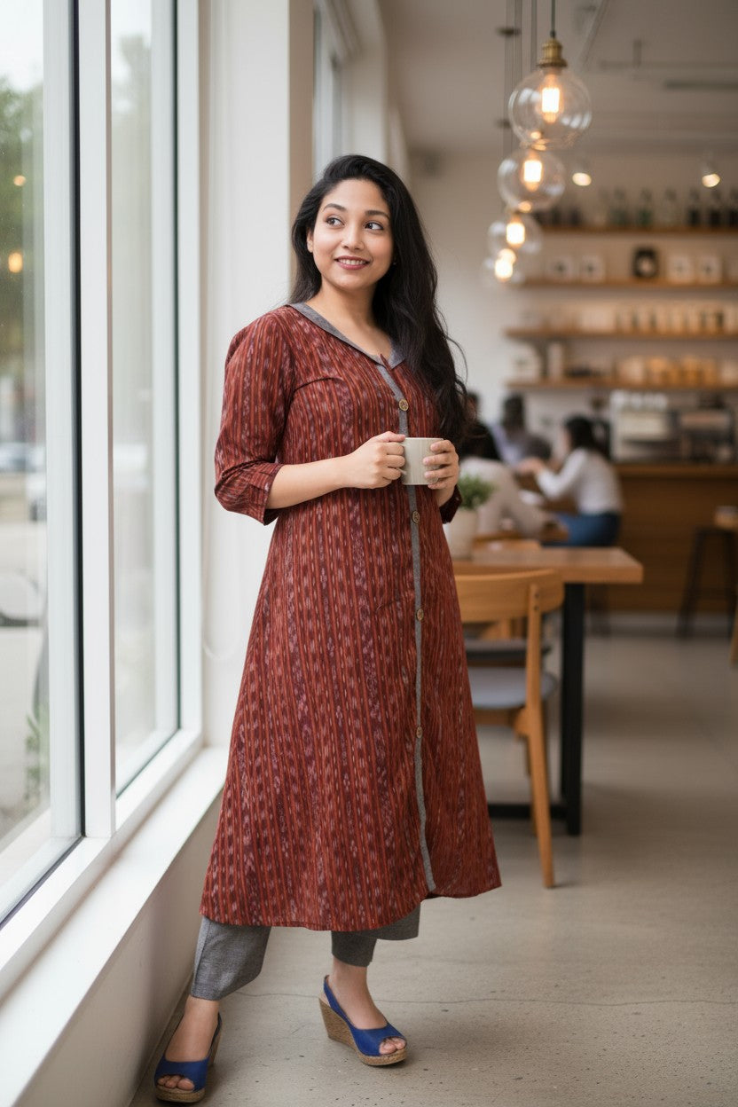 Ikkat Maroon Kurta &  Grey Pant Set
