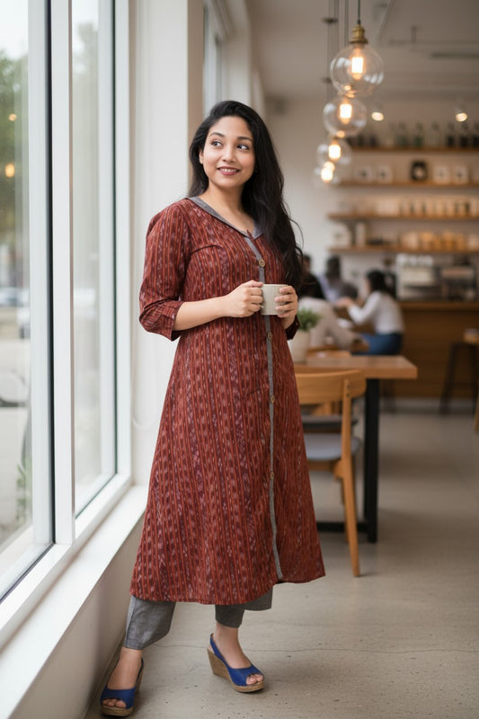 Ikkat Maroon Kurta &  Grey Pant Set