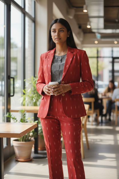 Handloom Red Blazer & Pant ,Top Suit