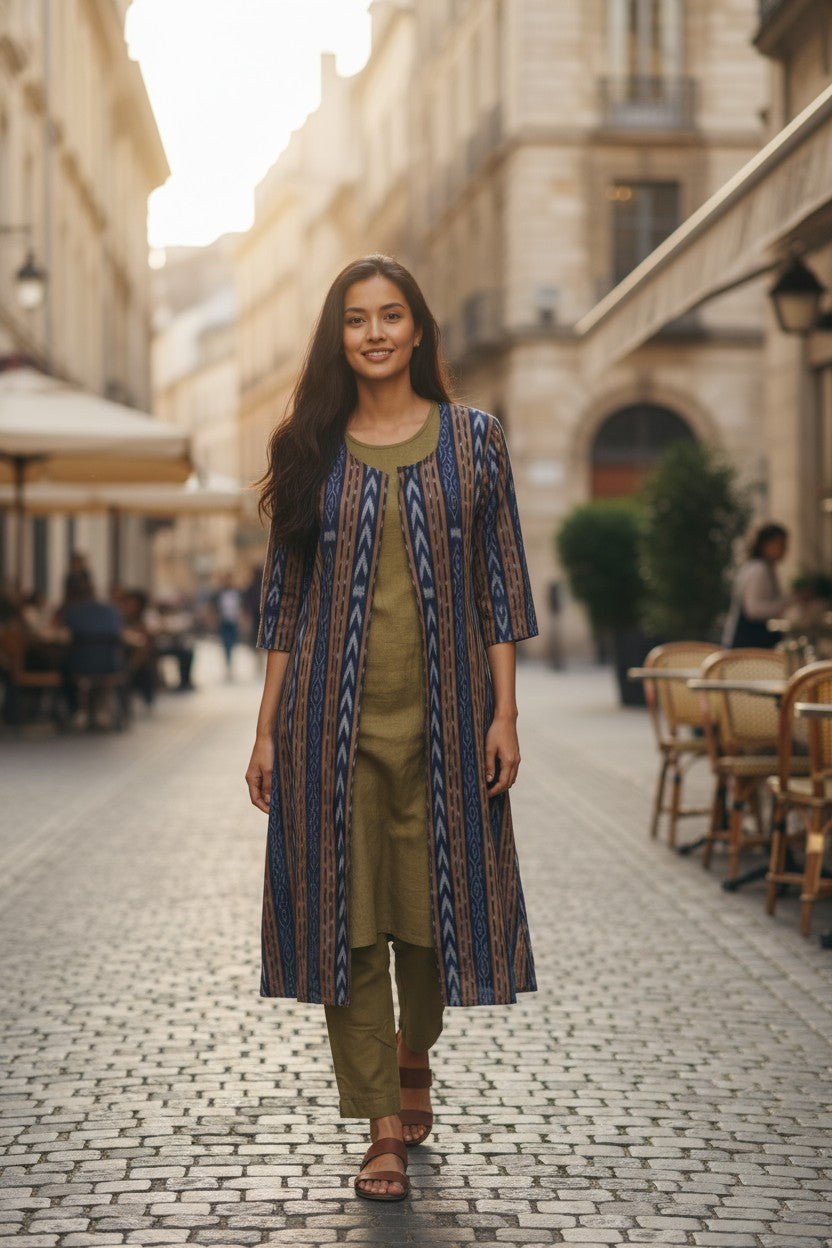 Handloom Blue Shrug Kurta & Pant Set