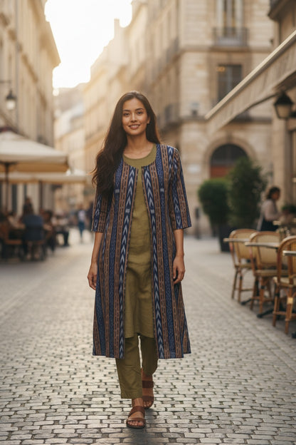 Handloom Blue Shrug Kurta & Pant Set