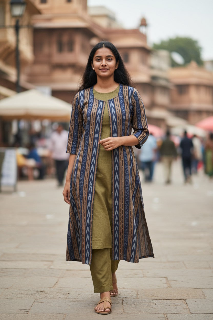 Handloom Blue Shrug Kurta & Pant Set