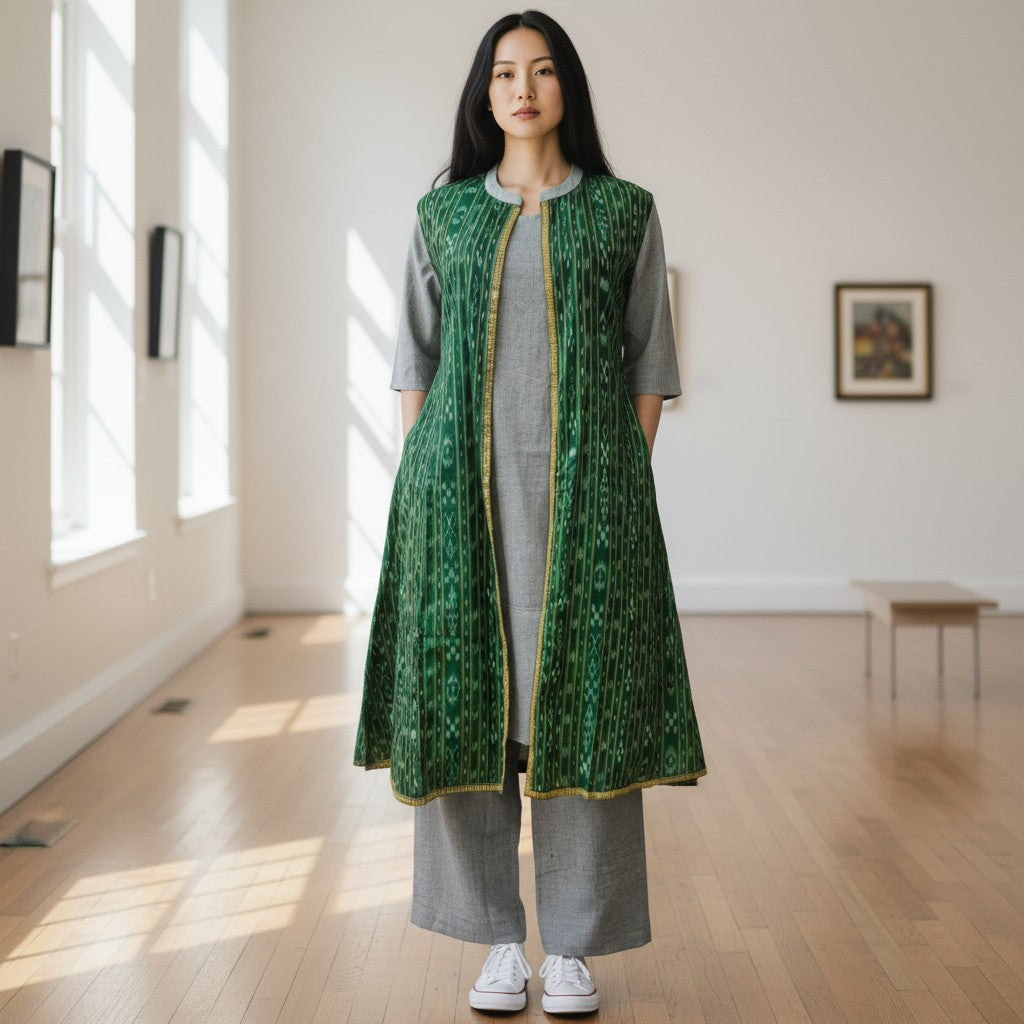 Cotton Green & Grey Shrug Set