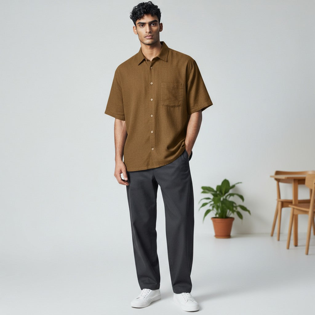 Handloom Mens Mustard Plain Half Shirt