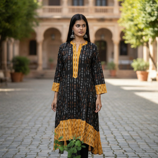 Handloom Pure Cotton Ikkat High-Low Kurta Set