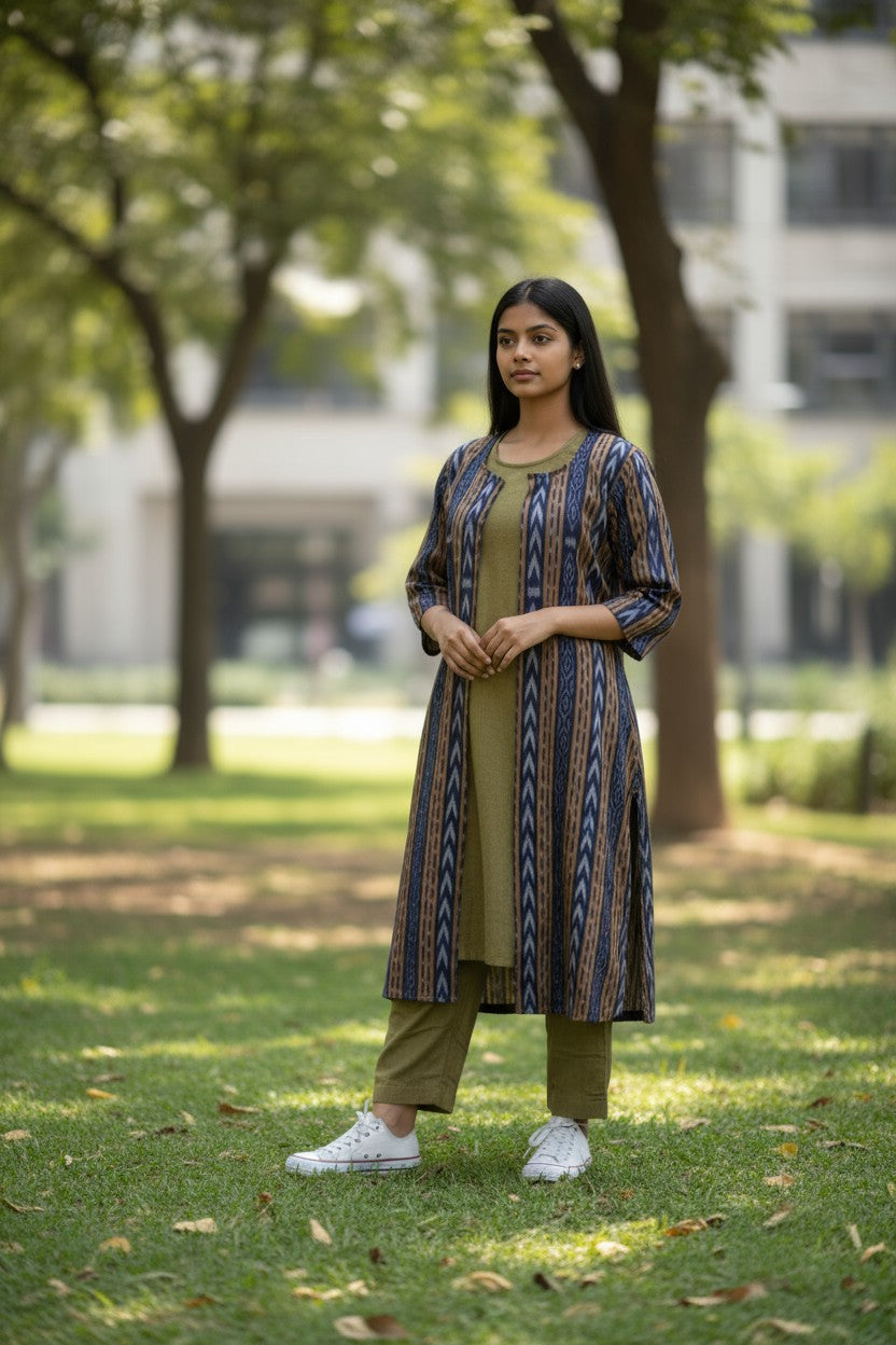 Handloom Blue Shrug Kurta & Pant Set