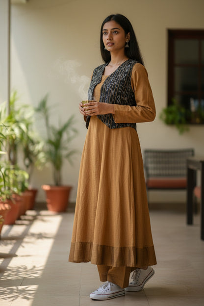 Handloom Mustard Anarkali Set with Black Jacket