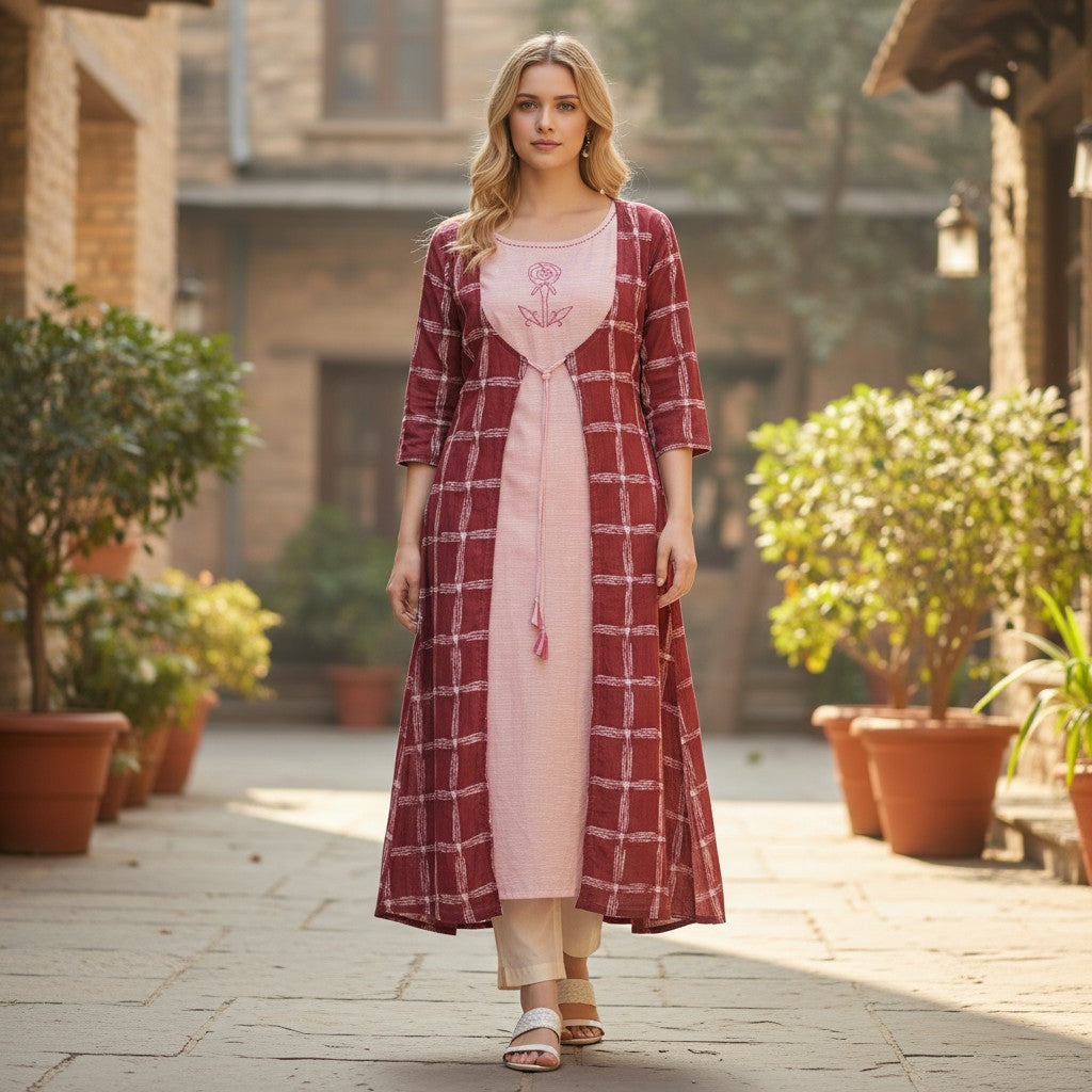 Handloom Stylish Maroon Jacket Kurta Set
