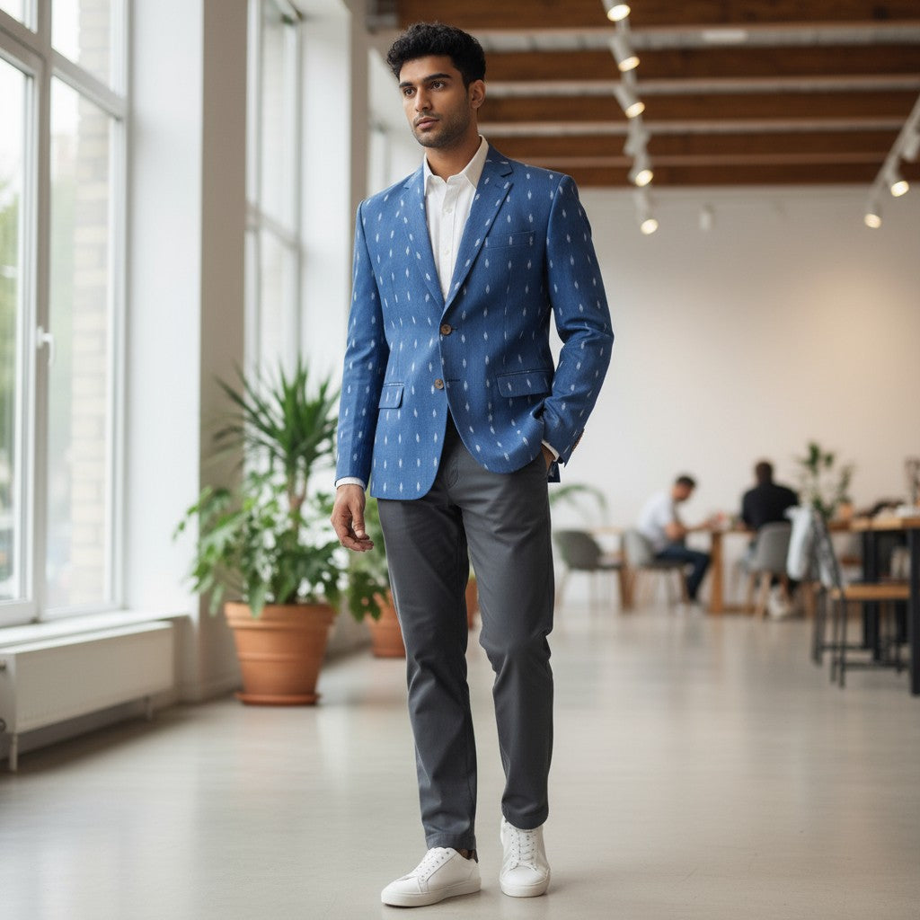 Handloom Mens Blue Dot Blazer