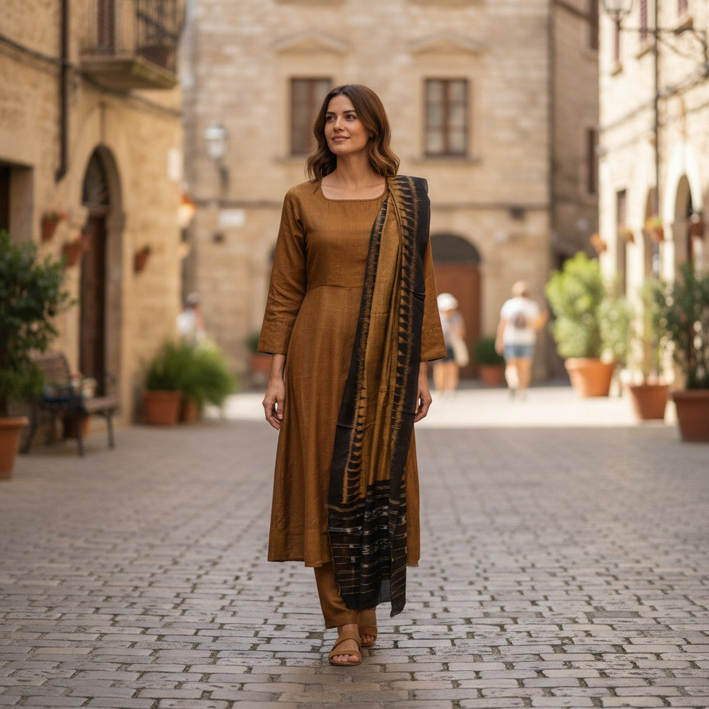 Handloom Designer Mustard Kurta ,Pant nd  Dupatta Set