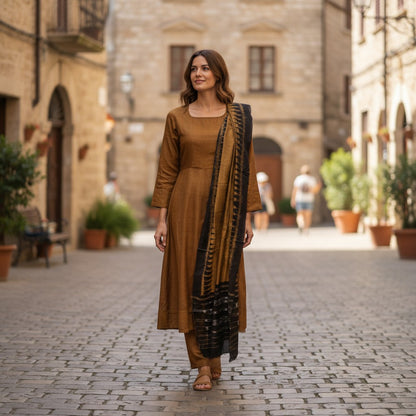 Handloom Designer Mustard Kurta ,Pant nd  Dupatta Set