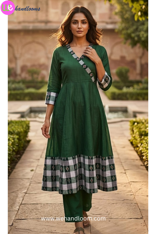 Handloom Green Anarkali Star Bandha Kurta Set
